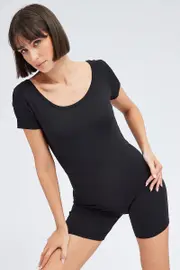 Black Romper Short Sleeve Scoop Neck Activewear - Size S, Women's Romper