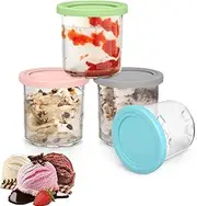 4 Pack Ice Cream Pints Cups, 16oz, Compatible with Ninja Creami Ice Cream Maker NC299AMZ & NC300 Series, BPA-Free & Dishwasher Safe, with Colorful Lids (Grey/Green/Pink/Aqua)
