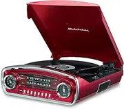 [Studebaker] 3-Speed Pitch Control Turntable with Bluetooth Receiver AM/FM Stereo Radio/USB Slot for MP3 Playback/Headphone and Aux in Jacks (Red)