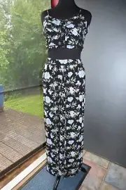QUIRKY AMERICAN EAGLE GOTH BOHO CROP TOP PALAZZO SPLIT PANTS BLUE MULTI FLORAL L