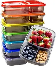 Youngever 7 Pack Bento Lunch Box, Meal Prep Containers, Re-usable 3 Compartment Plastic Divided Food Storage Container (Rainbow)