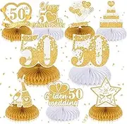 9Pcs 50th Wedding Anniversary Decorations White Gold 50th Golden Wedding Anniversary Honeycomb Centerpiece Golden Wedding Anniversary Table Toppers Honeycomb Decorations