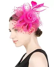 Fascinators Hat Flower Cocktail Lace Mesh Feathers Headband Clip Hot Pink-01