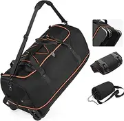 Vomgomfom 32" Soft-Sided Foldable Wheeled Travel Duffel Bag,Expandable 110L to 140L Rolling Cargo Bag with 2 Wheels and Multiple Pockets,Black-Orange