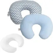 LAT Nursing Pillow and Positioner with 2 Pillowcase 100% Natural Cotton Cover for Breastfeeding and Bottle Feeding, Propping Baby, Tummy Time, Baby Sitting Support, Awake-Time Support (Blue Series)