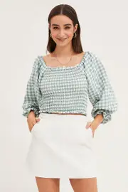 Check Shirred Top Three-Quarter Crop - Size 8, Women's Crop Top