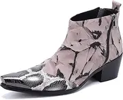 [Generic] Men Ankle Boots Two Tones Patchwork Genuine Leather Heeled Shoes with Pull Tap Metal Toe Zip Closure Shoes for Men Men's Leather Shoes