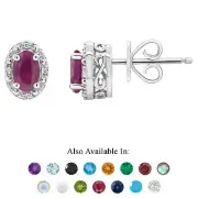 Sterling Silver 6x4mm Oval Genuine Natural Ruby Diamond Accent Stud Earrings