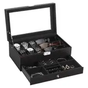 Watch Box, Mens Jewelry Box with 6 Slot Watch Case & 3 Slot Sunglasses Organizer, 2 Layers Lockable Black