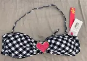 Sofia by Vix Gingham Heart Bandeau Halter Swimsuit Bikini Top M Black (B9)