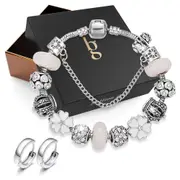 Boxed Set of Pandora Inspired Bead Charm Bracelet and Huggie Earrings