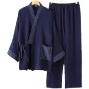 Men Cotton Pajamas Set Japanese Yukata Kimono Robe Pants Sleepwear Blue Autumn