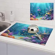 under sea Dish Drying Mats for Kitchen Counter, Absorbent Microfiber Kitchen Dishes Drainer Mat Large Dish Drying Pad with Hook Coffee Mat Kitchen Accessories 18x24 Inch