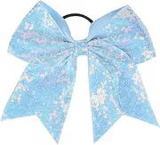 Xansema Women Girls Kids Teens Sequins Hair Bows Elastic Hair Tie Ribbon Large Cheer Bow Ponytail Holder Hair Band (Light Blue)