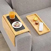 Bamboo Sofa Arm Tray Table - Couch Armrest With Extra Removable Tray, Anti-Slip, Large Cup Holder for Phone, Cups, Remote - Flexible and Foldable