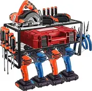 [Cevadama] Heavy Duty Metal Tool Organiser for Garage Storage – Power Tool Organizer with 4 Drill Holders, Toolbox & Wall Mount Shelf, Utility Rack for Screwdriver, Pegboard, Shed & Workshop