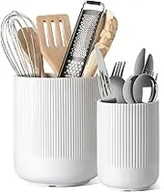LE TAUCI Utensil Holder, 7.3"+5.4" Ceramic Kitchen Utensil Holder for Countertop, Large Cooking Utensil Crocks for Kitchen Counter, Morden Utensil Organizer Storage Caddy for Cutlery, Set of 2, White