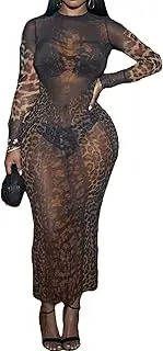 [JASASCCEL] Women Sexy Sheer Leopard Print Maxi Dress Long Sleeve See Through Aesthetic Cheetah Print Bodycon Dresses