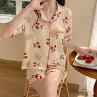 在飛比找蝦皮購物優惠-睡衣  居家服 休閒服 睡衣女夏季卡通櫻桃熊少女可愛短袖梭織