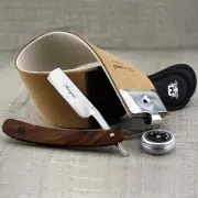 Men Shaving Set with 2XL Leather Strop, Wooden Straight Cut Razor & Paste