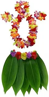 Ti Leaf Skirt Hawaiian Hula Grass Skirt with Flower Leis for Women,Girls,Men,Luau Party Dress Outfits