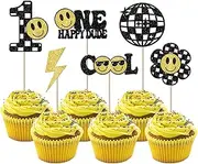 24 Pack One Happy Dude Cupcake Toppers Glitter Smile Face Cupcake Picks Groovy One Cool Dude 1st Birthday Cake Decorations Baby Shower Kids One Year Old Birthday Theme Party Supplies