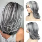 Highlight Ombre Layered Wigs with Bangs Dark Gray Ladies Mommy Wigs Daily