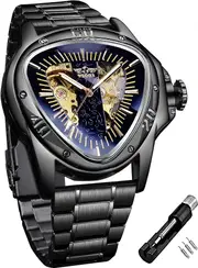Winner Fashion Mechanical Wrist Watch Triangle Racing Dial, Waterproof Golden Skeleton Dial Automatic Movement Leather Design Mechanical Watch for Men