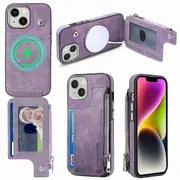 For iPhone 15 Plus Zipper Wallet Shockproof Case PU Leather Coated TPU Phone Cover Compatible