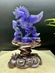 1pc Natural blue fluorite Quartz Hand Carved unicorn Skull Crystal Healing+stand