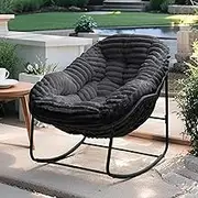 Naga Bahna Oversized Rocking Chair with Cushion, Outdoor Wicker Papasan Rocker for Patio Porch Garden Backyard, Indoor Comfy Lounge Reading Chair for Bedroom Living Room, Plush Dark Gray