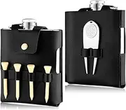 Remerry Golf Flask Gift Set 7 oz Stainless Steel Flask with Leather Case Golf Accessories for Men and Women Includes Drinking Bottle Divot Tool Ball Marker and 4 ball Tees (Black)