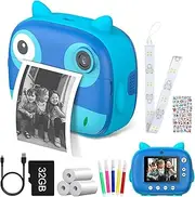 2.5K Cute Instant Camera 12MP Digital Camera Childeren Instant Print Camera with 2.4-inch IPS Screen 10X Digital Cute Filters Video Recorder with 3 Printing Rolls 32GB TF Card