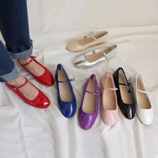 韓國漆皮鞋子紫色單鞋法式芭蕾鞋藍色平底銀色復古東大門新款女鞋