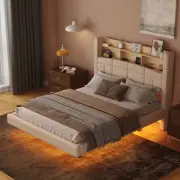 Beige Floating Bed: LED Lights, Storage & Upholstery