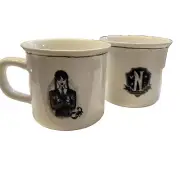 Pottery Barn Wednesday Decal Stoneware Mugs - Mixed Set of 2 NEW