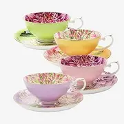Pulchritudie Fine Bone China Teacup and Saucer Set, English Teasets, Floral Design with Golden Rim, Set of Four