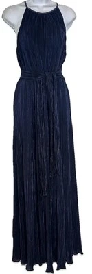 NWT DKNY Beaded Halter-Neck Belted Micro-Pleated Gown Navy Grecian Formal Maxi 6