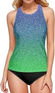 [Joisal] Green Glitter Texture Tankini Tops, Womens Tankini Tops, Womens Swimsuits Tankini Tops, Small