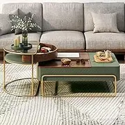 EKDJSN Nesting Coffee Table Set, Center Table with 360° Rotating Storage Compartment, Liftable Coffee Table Set of 2 Tabletop, for Living Room, Balcony(Green)