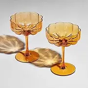 The Wine Savant Khen Flower Vintage Wavy Glass Coupes Martini, Champagne & Cocktail Coupes - Set of 2-7oz Colorful Cocktail Glasses & Champagne, Prosecco, Mimosa Glassware Copyright Design - Amber
