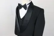 Boys Black Tuxedo suit SOLID LAPEL Satin trim Fancy wedding Bow tie vest pants