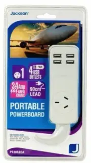 Jackson 1 Way Surge Protected Powerboard 4 x USB Charging Outlets 3.4 AMP Total