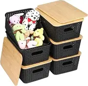 SHENMAIDAY 6-pack plastic storage bins with bamboo lids, stackable storage bins, plastic baskets with lids, bamboo lid desktop organizer storage boxes for shelves drawers closets (Black)