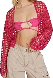 [PICPUNMAK] Women Open Front Crochet Hollow Out Crop Cardigan Loose Long Sleeve Knitted Bolero Shrug Smock Top Beach Cover Ups