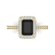 1.86Ct Emerald Cut Natural Onyx Gold Halo Engagement Promise Statement Ring