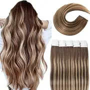 VINBAO Tape Extensions Real Hair Dark Brown to Caramel Blonde Invisible Tape Extensions Real Hair 45 cm 20 Pieces / 50 g Invisible Silky Straight Real Hair Extensions Tape in 18 Inches #4/27/4