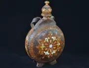 Vintage Moroccan Handmade Pyrography Wood Engraved Decorative Flask Ethnic Craft