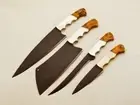 Hand-Forged Carbon Steel Kitchen Knife Set, Full Tang Chef Knives with Leather