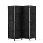 4 Panel Room Divider Privacy Screen Rattan Woven Wood Stand Black